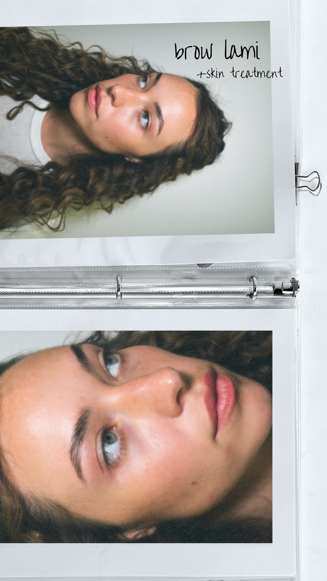 Open photo album showing two pictures of a young woman with curly hair, blue eyes, and light skin tone. The top image has handwritten text that says 'brow lami + skin treatment'.