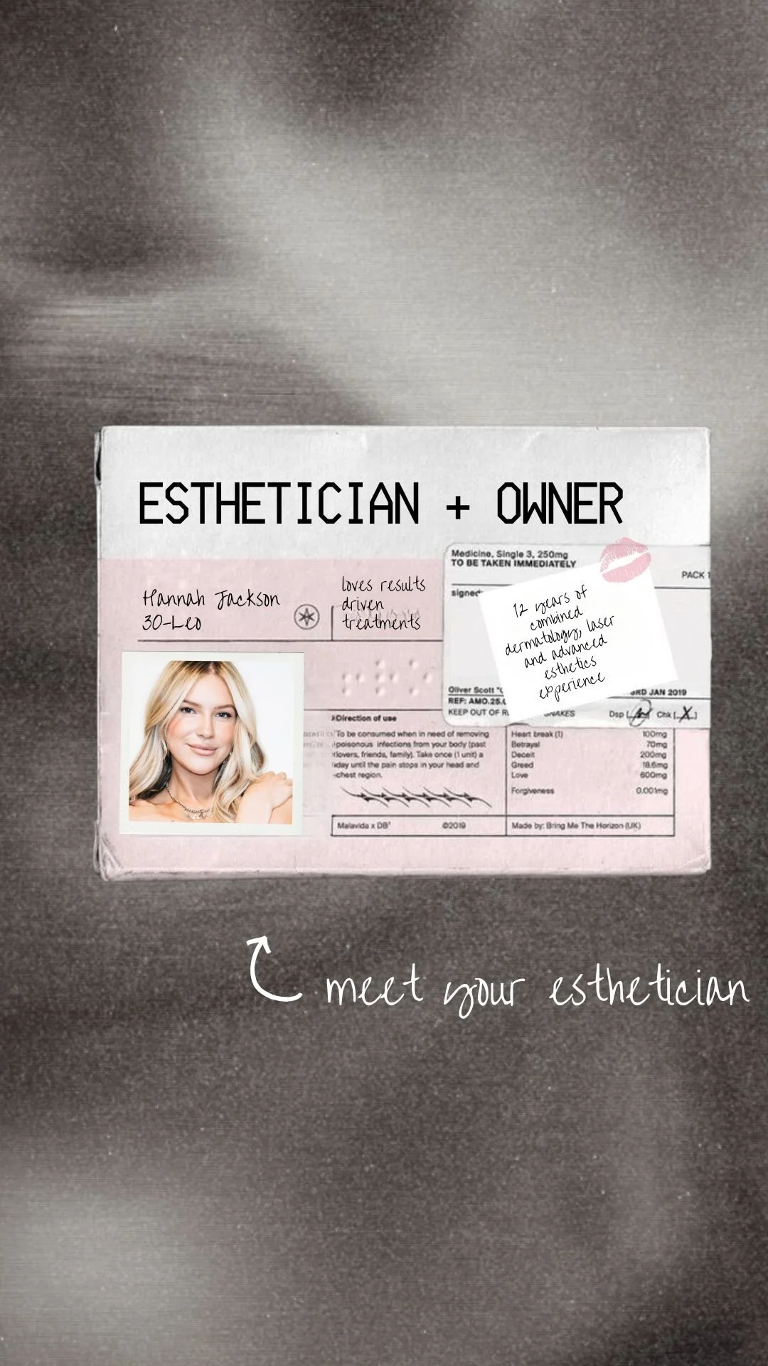 A card with the bold text 'ESTHETICIAN + OWNER,' a small photograph of a blonde woman, a handwritten note about results-driven treatments, and a smaller note about combined dermatology laser and esthetics experience. There is also a handwritten note pointing to the card that says 'meet your esthetician'.