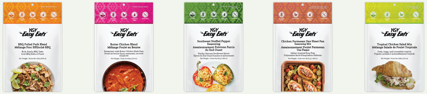 Five different seasoning packets with colorful labels, each featuring a different flavor and dietary labels such as vegan, gluten-free, nut-free, seed oil-free, and non-GMO.