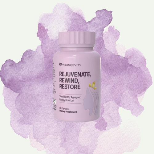 A bottle of Younggevity Rejuvenate, Rewind, Restore dietary supplement capsules against a watercolor purple background.