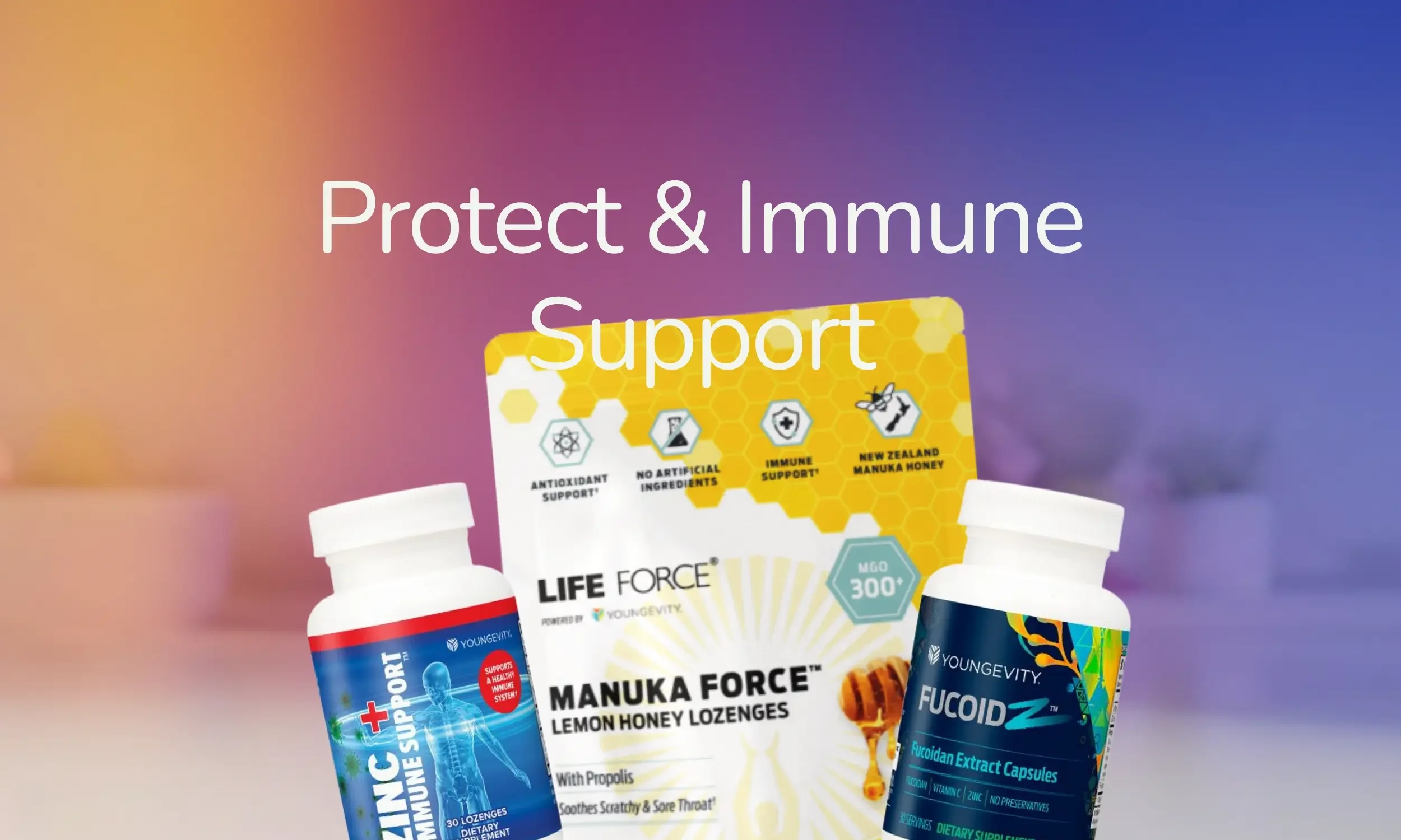 Various dietary supplement bottles and honey lozenges labeled "Protect & Immune Support" against a colorful background.