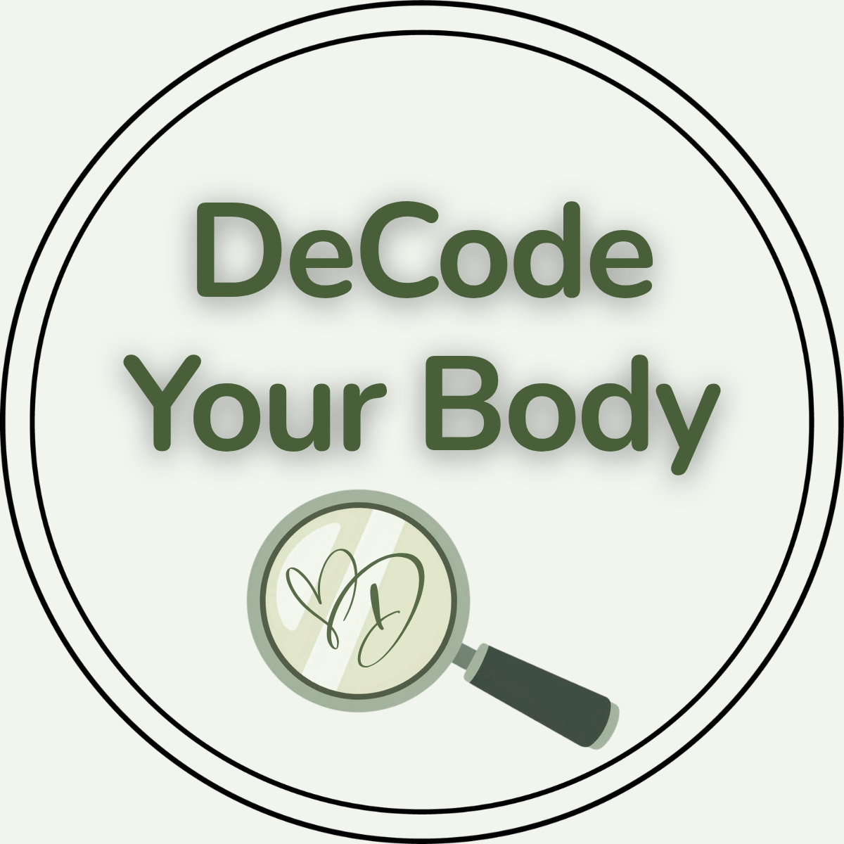 A circular logo with the text 'Decode Your Body' in green and a magnifying glass showing a stylized heart and human figure.