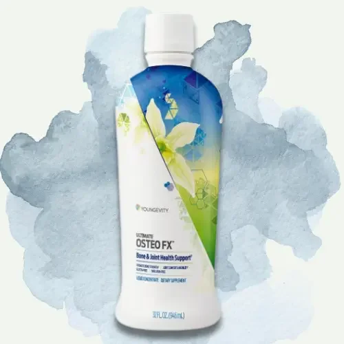 A bottle of Young Living Ultimate Osteo FX dietary supplement, magnesium and calcium.