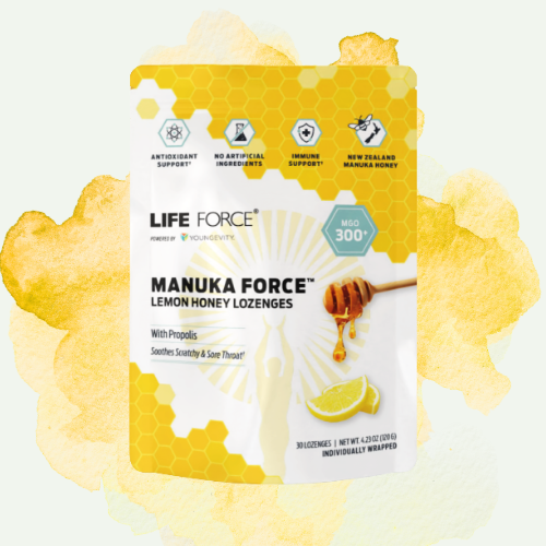 Package of Manuka Force lemon honey lozenges with propolis, including honey and lemon images, and labeled for immune support and soothing sore throats.