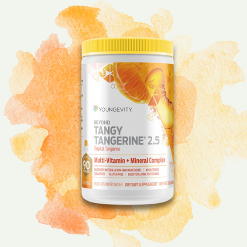 Container of Youngvity Beyond Tangy Tangerine 2.5 with tropical tangerine flavor, featuring a yellow lid and orange and yellow citrus imagery, placed on a watercolor background.