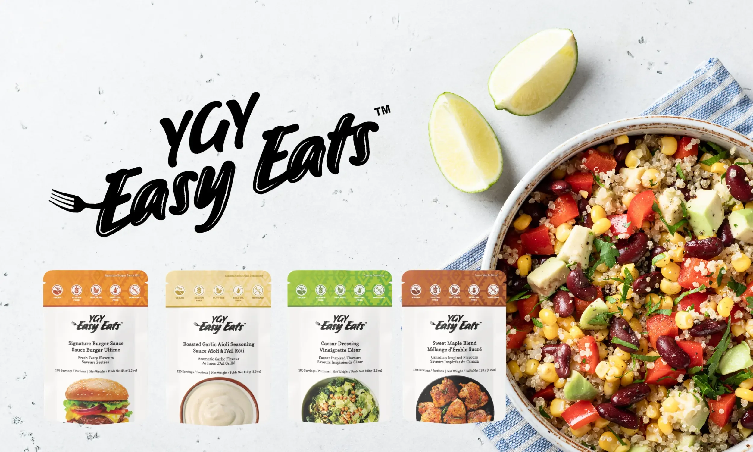 Image of a salad with black beans, corn, red peppers, and avocado in a white bowl. Surrounding the bowl are two lime wedges and a blue and white striped napkin. Also visible are four food product labels with descriptions of sauces and dressings, each with distinct colors and icons indicating dietary properties.