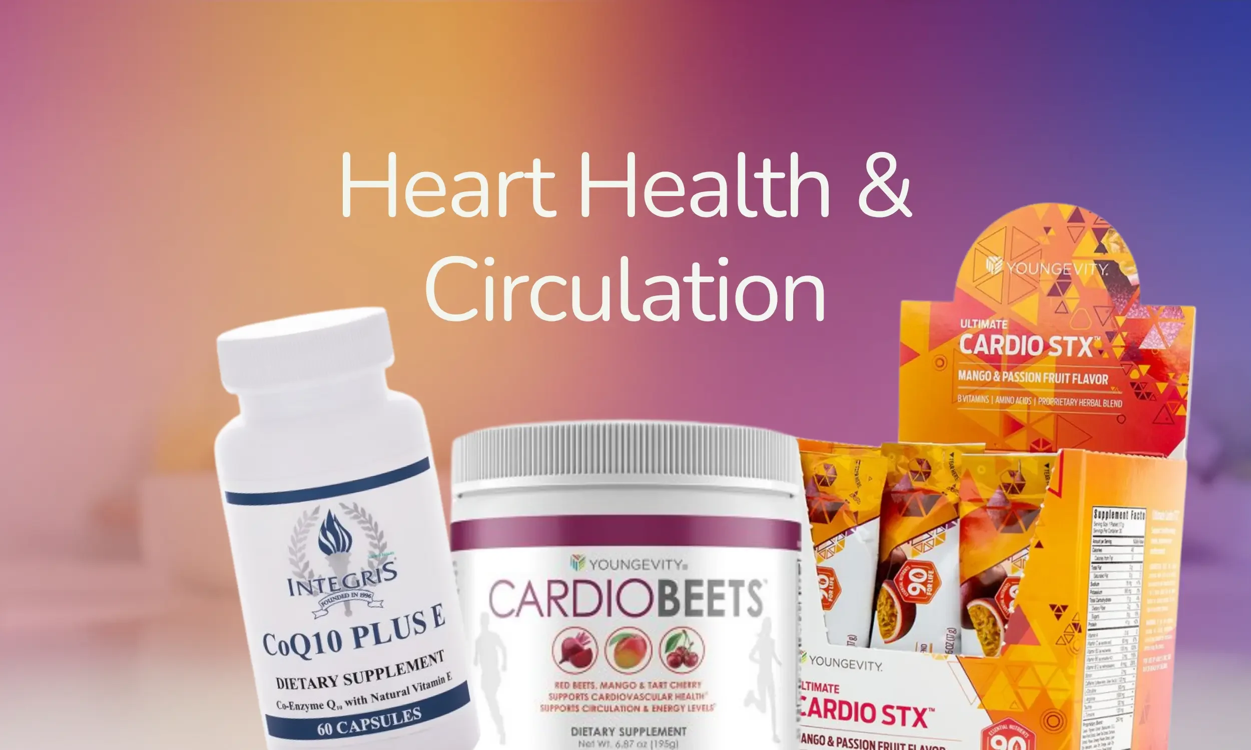 Various dietary supplements for heart health and circulation, including bottle of CoQ10 capsules, Youngevity Cardio Beets powder with mango and passion fruit flavor, and other supplement packets with orange and yellow packaging.