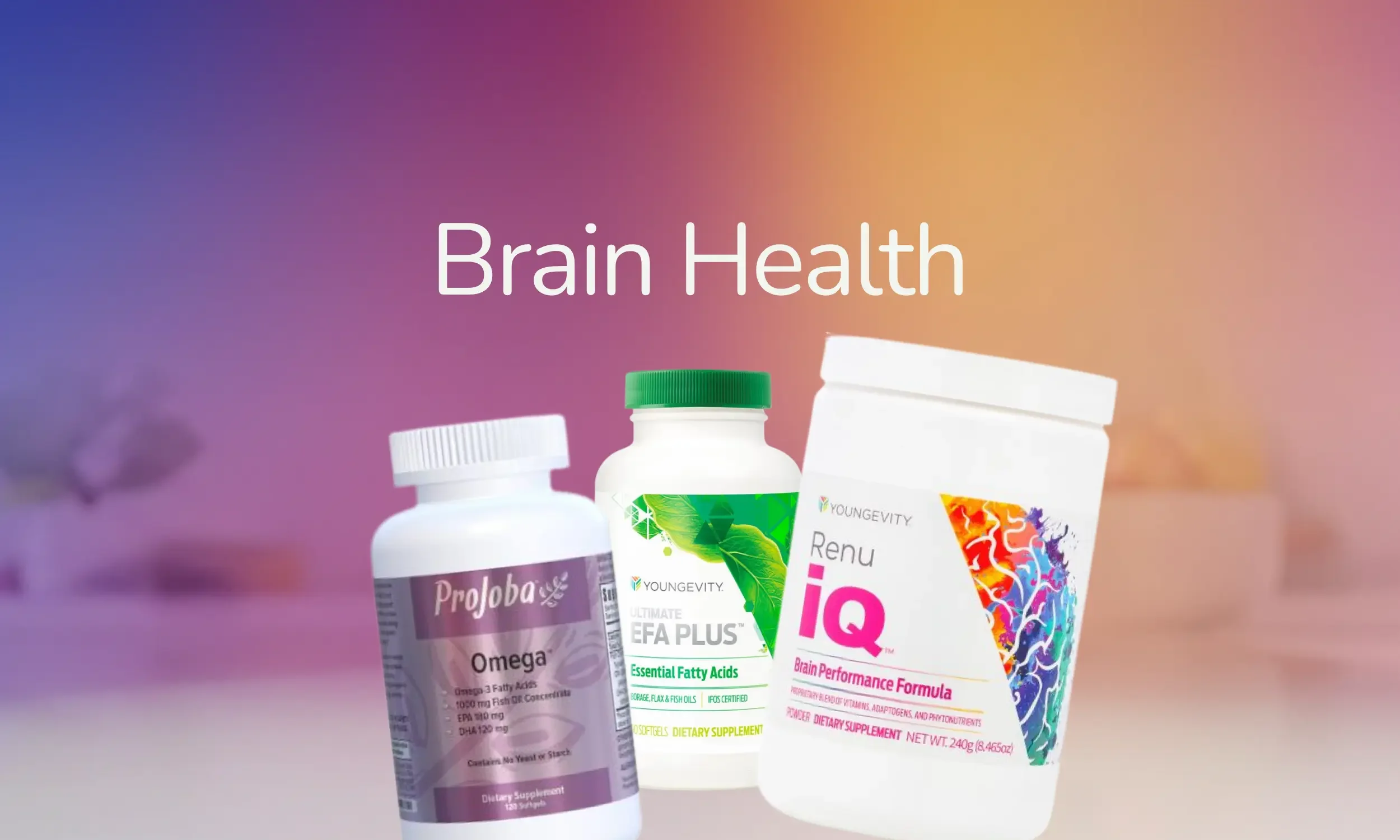 Various dietary supplement bottles, including Omega 3, Essential Fatty Acids, and Brain Performance Formula, with a colorful abstract background and the words "Brain Health"