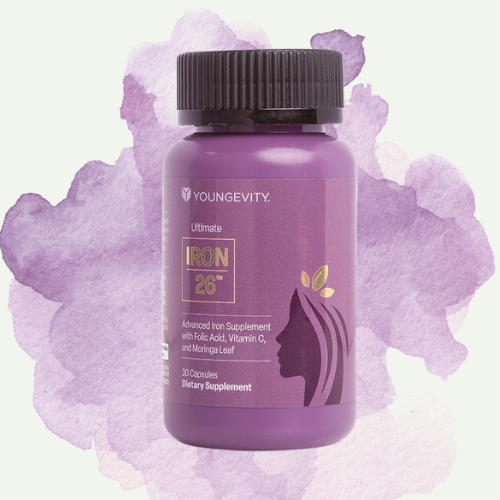 A purple bottle of Youngvity Ultimate Iron 26 dietary supplement capsules with a purple watercolor background.