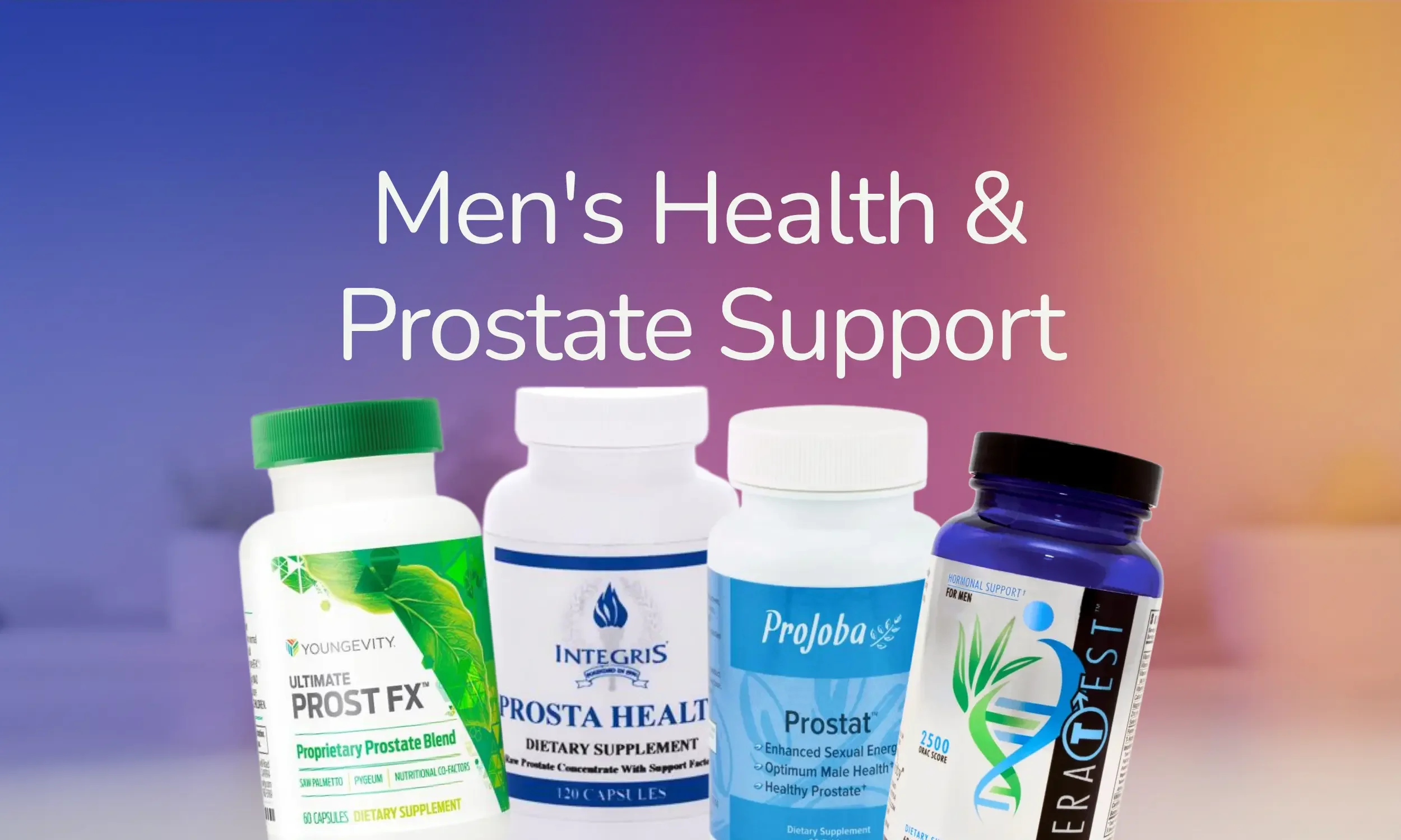 Multiple bottles of dietary supplements for men's health and prostate support, with colorful gradient background.