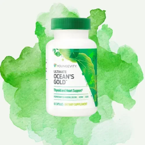 Bottle of Youngevity Ultimate Ocean's Gold dietary supplement with green and white label, surrounded by green watercolor background.