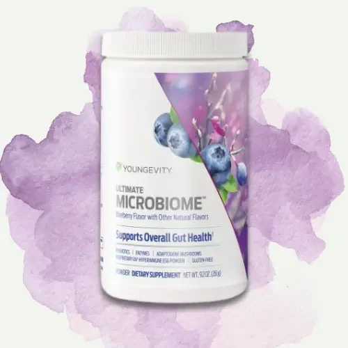 Bottle of Young Living Ultimate Microbiotic dietary supplement with blueberry flavor, surrounded by a purple watercolor splash background.