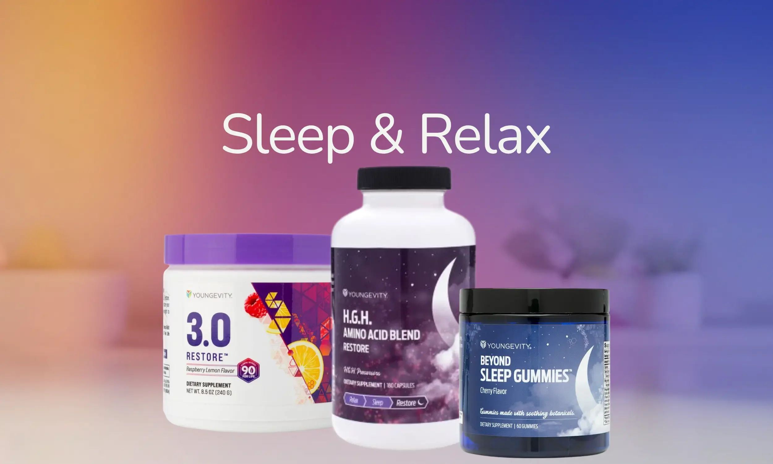 A variety of dietary supplements including sleep and relaxation gummies, amino acid capsules, and berry-flavored gummies, with a background featuring the words "Sleep & Relax."