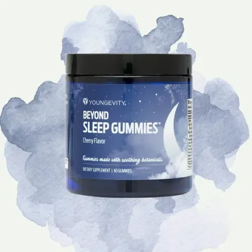 Container of Youngevity Beyond Sleep Gummies with cherry flavor, 60 gummies, against a watercolor background.