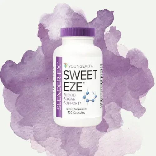 Bottle of Youngevity Sweet Eze blood sugar support capsules against a purple watercolor background.