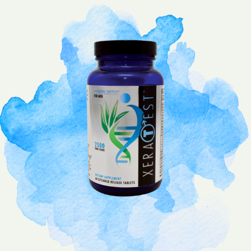 A bottle of XERAFIST herbal supplement with a black cap, set against a blue watercolor background.
