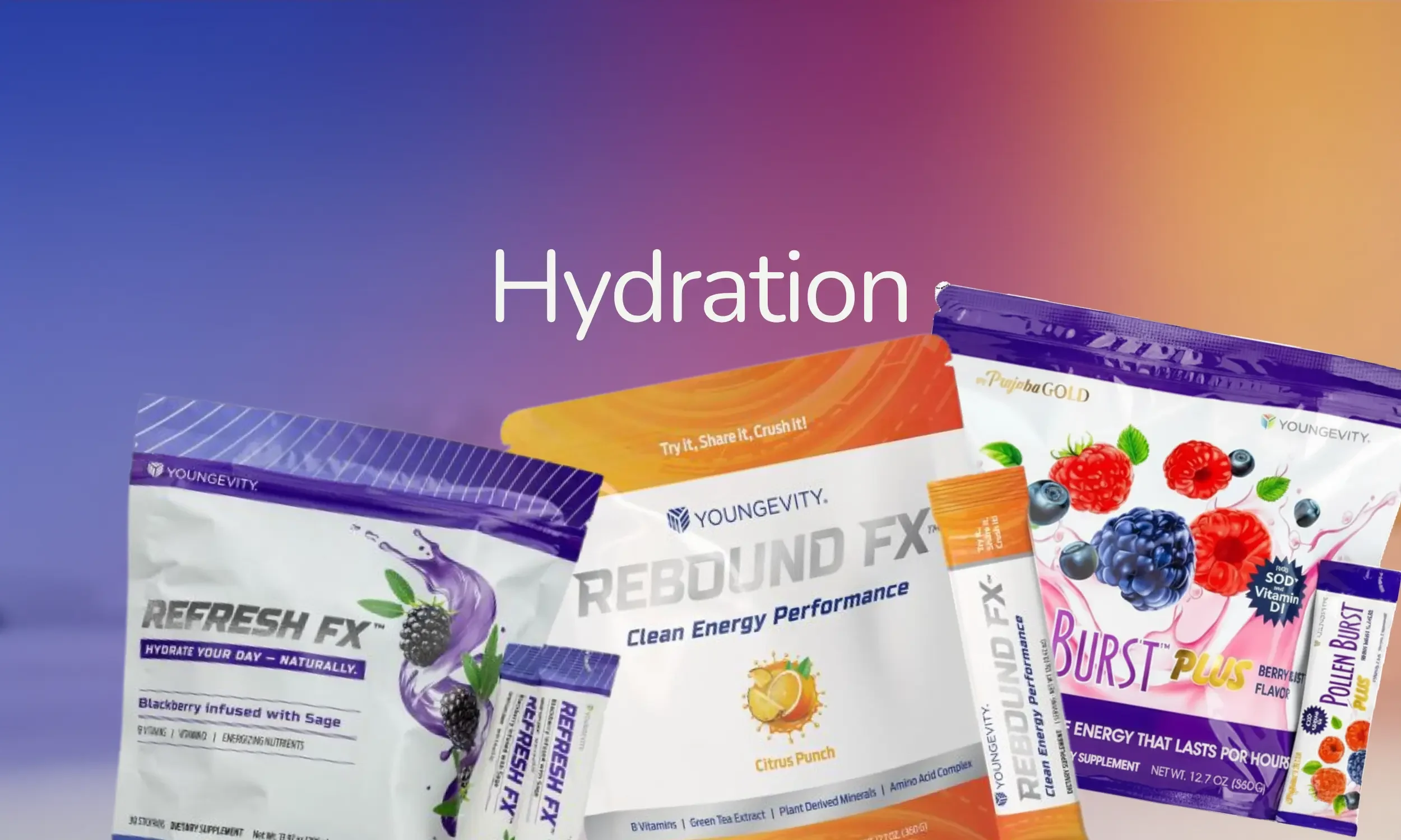 Assorted packets of Youngevity health supplements with vibrant berry and citrus flavor packaging, emphasizing hydration.