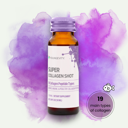 A bottle of Youngevity Super Collagen Shot dietary supplement with a purple cap, placed in front of a watercolor purple background with a small fish illustration and text indicating 19 main types of collagen.