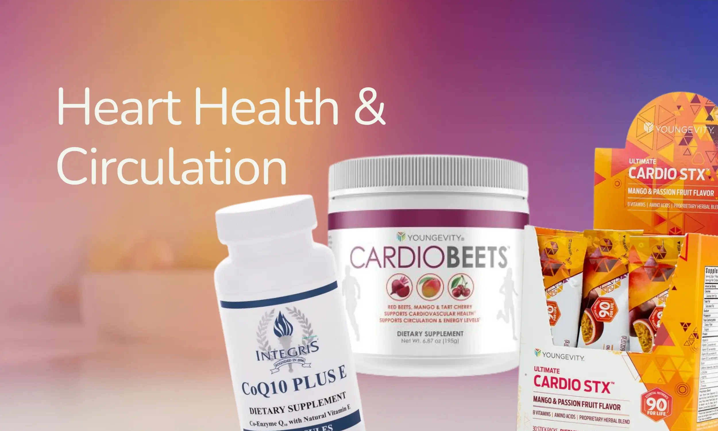 View of dietary supplement products for heart health including Youngevity Cardio Beets and CoQ10 Plus, with colorful packaging and labels.