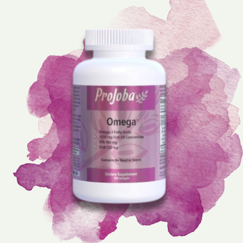 Bottle of Projoba Omega dietary supplement with purple label against a pink watercolor background.