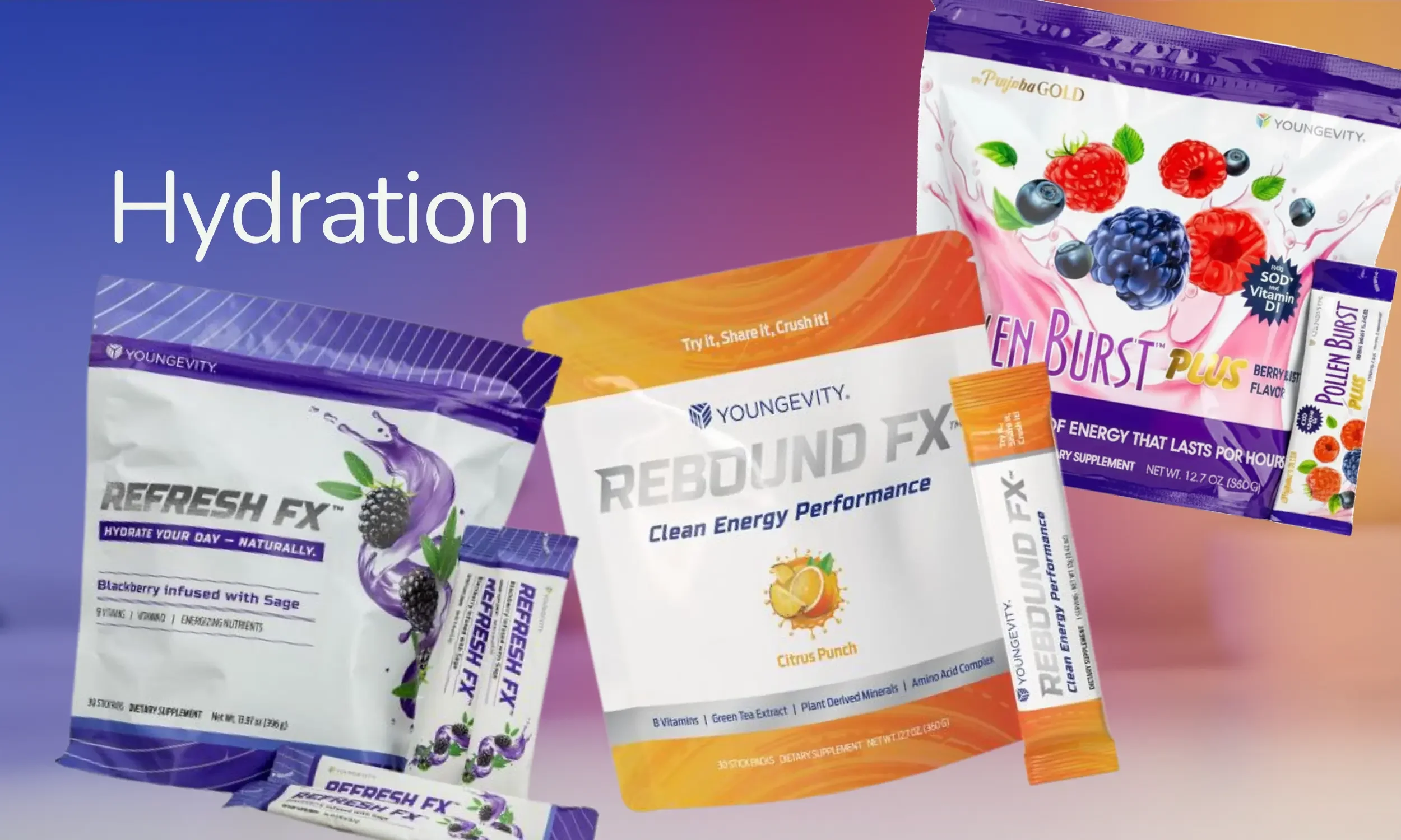 Various dietary supplement packets from Youngevity, featuring products named Refresh FX, Rebound FX, and En Burst Plus, with colorful packaging and images of berries and citrus on some boxes.