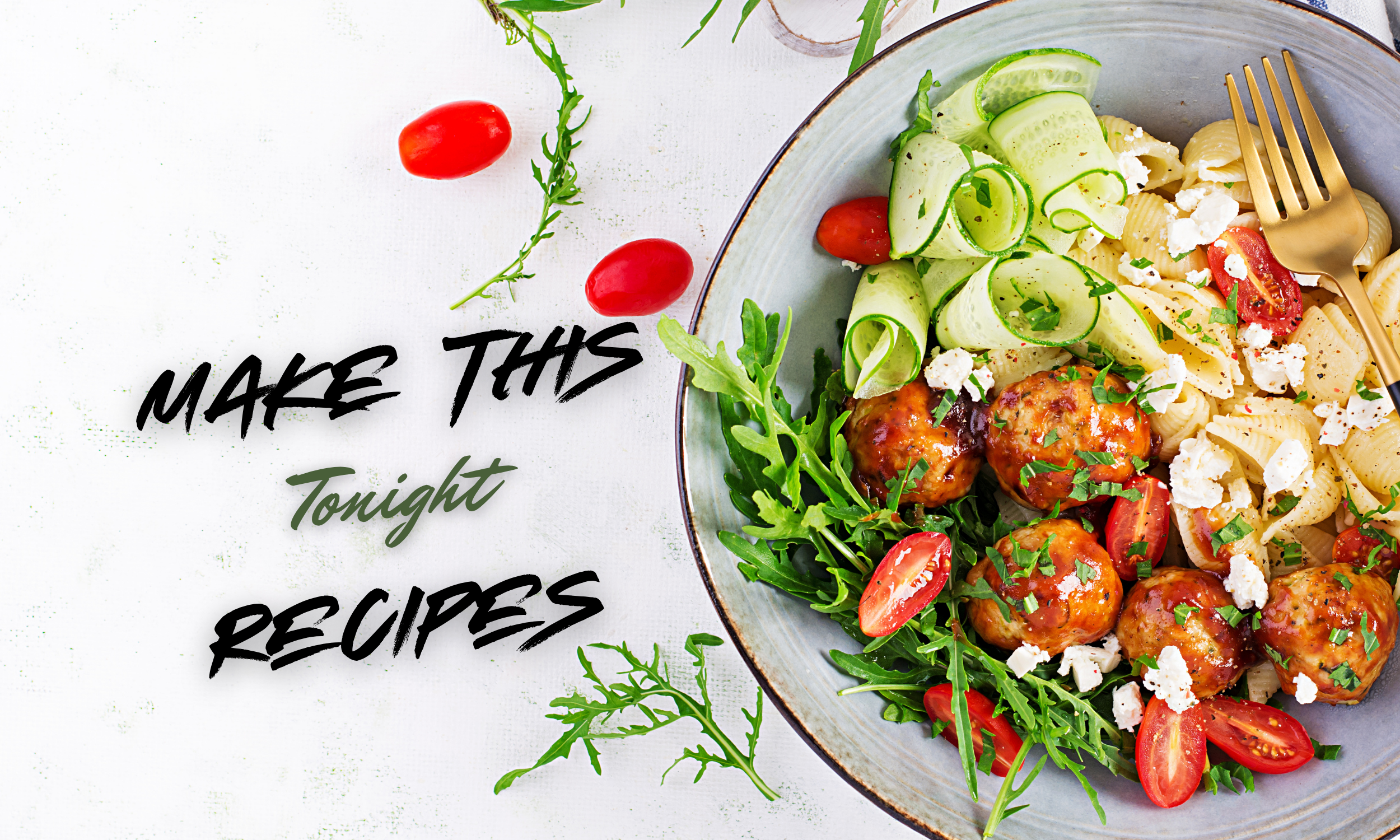 A bowl of pasta with cherry tomatoes, zucchini ribbons, arugula, crumbled cheese, and glazed meatballs garnished with chopped herbs.