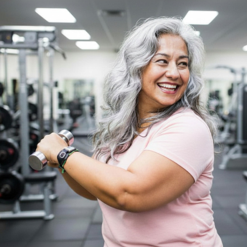 A smiling middle-aged woman with gray hair lifting a small dumbbell in a gym.