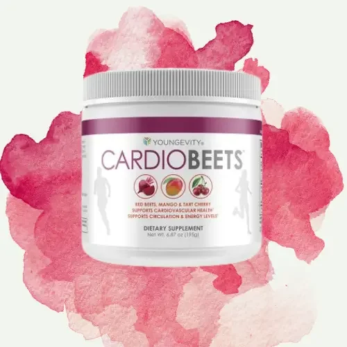 Container of Youngevity CardioBeets dietary supplement for heart health. with illustrations of beets, mango, and tart cherry, behind watercolor pink background.
