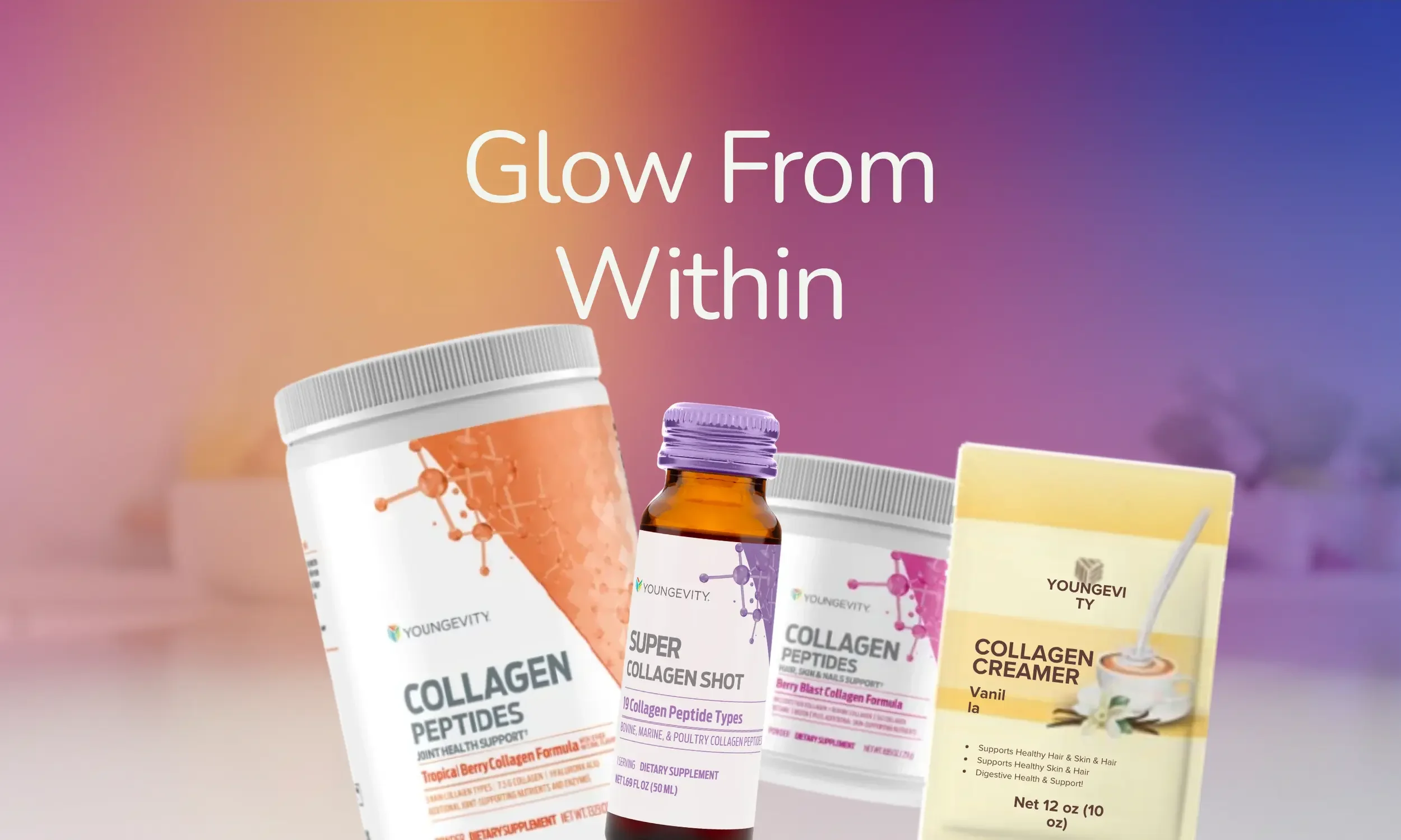 Collection of collagen supplement bottles and boxes with the text "Glow From Within" in the background.