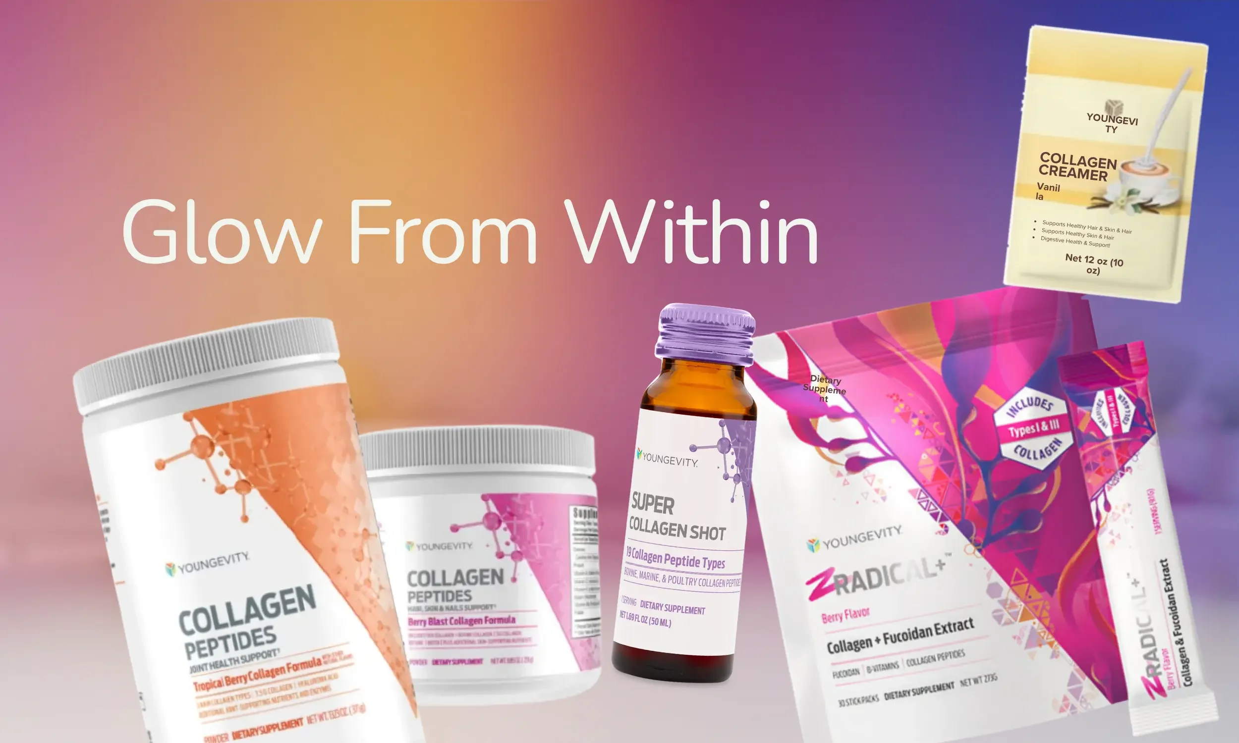 Various collagen supplement products, including powders, capsules, and liquids, displayed on a gradient background with the phrase 'Glow From Within' in white text.