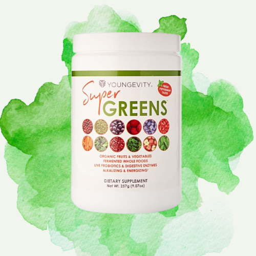 Container of Youngevity Super Greens dietary supplement with a watercolor green background.