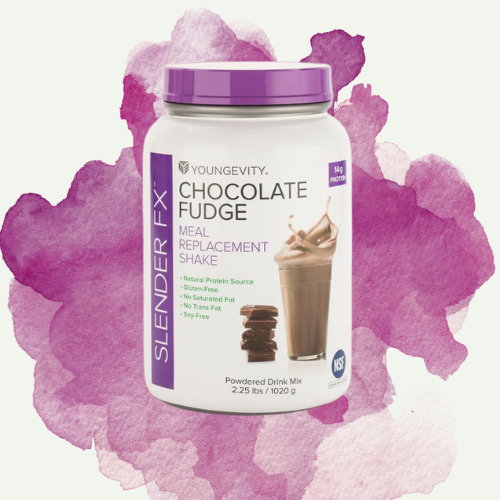 Container of Youngevity SleepR FX chocolate fudge meal replacement shake with purple lid and label, on a purple and pink watercolor background.