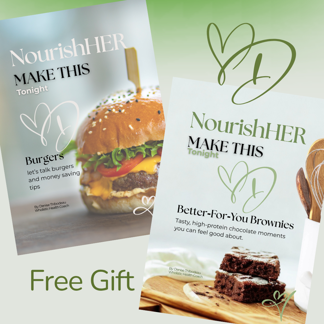 Promotional flyers for a health coach with pictures of a burger and brownies, advertising upcoming food talks and offering a free gift.