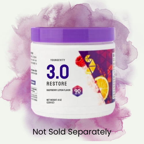 Container of Younggevity 3.0 Restore raspberry lemon flavored supplement with a purple lid, surrounded by a purple watercolor background.