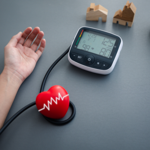 A blood pressure monitor cuffed around a red heart-shaped object with a heartbeat line, next to an automatic blood pressure monitor and two small wooden house models on a gray surface.