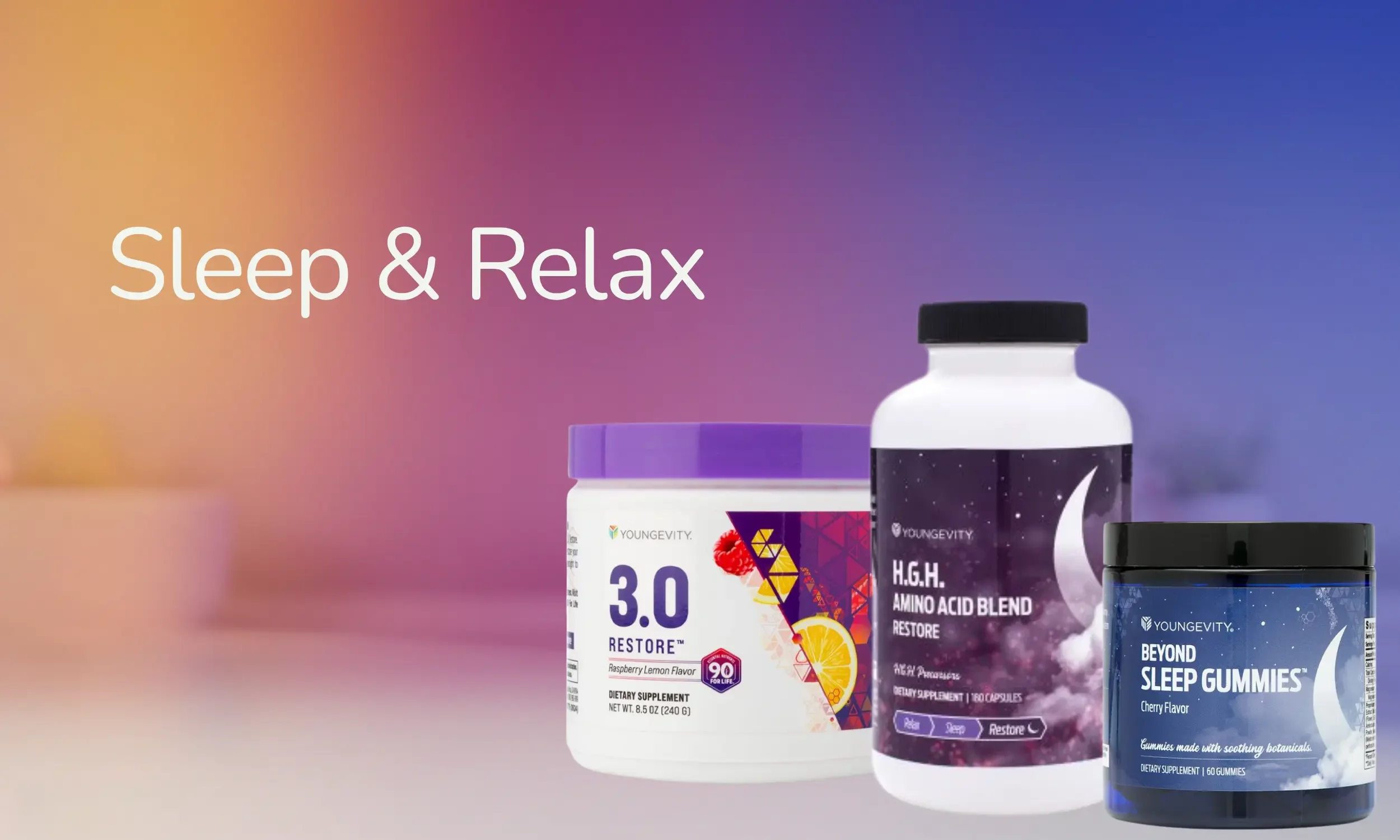 Multiple dietary supplement bottles with labels indicating sleep and relaxation support, set against a pastel gradient background with the words "Sleep & Relax".
