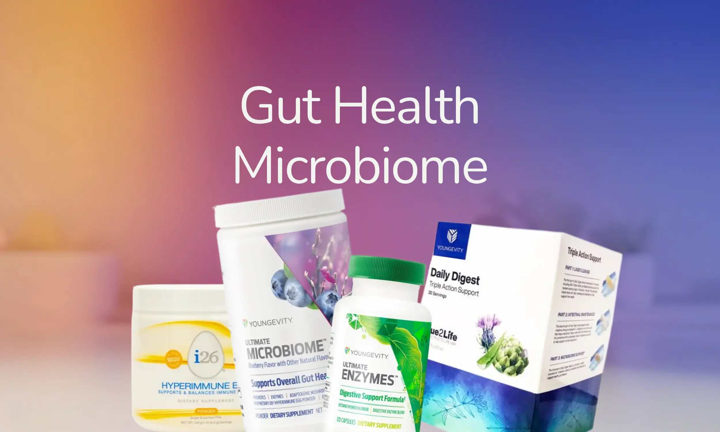 Various dietary supplement bottles and boxes related to gut health, microbiome, and enzymes, with a background that says 'Gut Health Microbiome' in colorful gradient.