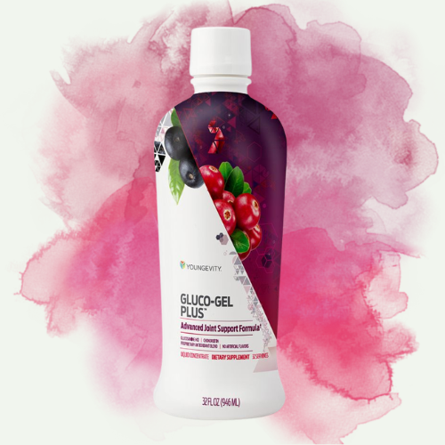 A bottle of Youngevity Gluco-Gel Plus dietary supplement with an illustration of berries and leaves, set against a pink watercolor background.