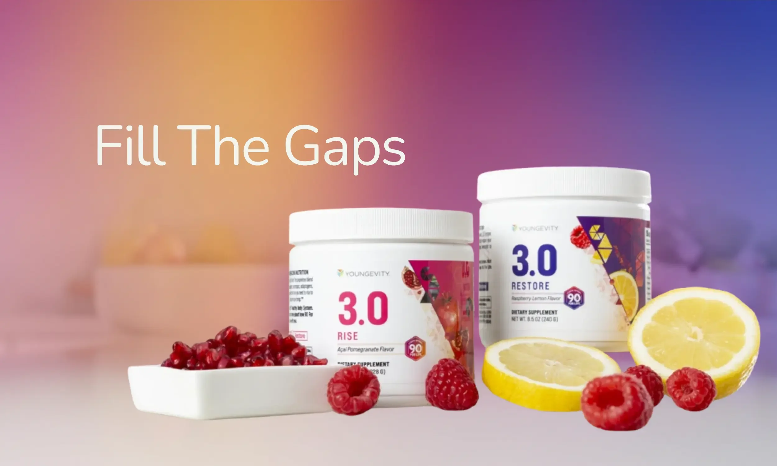 Dietary supplement bottles labeled '3.0 RAISER' and '3.0 RESTORE' with pomegranate, raspberry, lemon slices, and fresh raspberries and pomegranate seeds around them on a light surface against a gradient background.