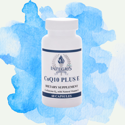 A white bottle of Integris CoQ10 Plus dietary supplement with 60 capsules, set against a blue watercolor background.