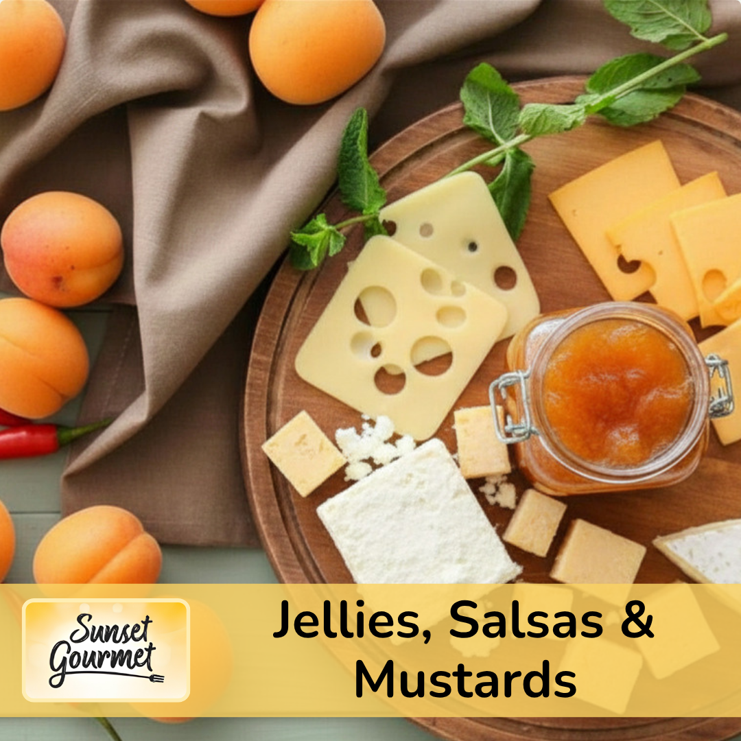 An assortment of cheeses with holes, apricots, a jar of orange jam, fresh mint, and a red chili pepper on a wooden platter and beige cloth.