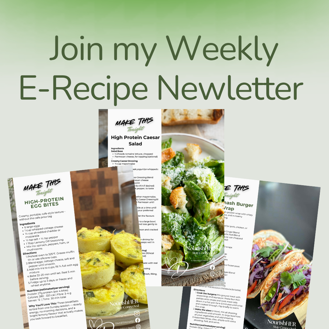 Promotional graphic encouraging sign-ups for a weekly email newsletter featuring recipes, including a Caesar salad, egg bites, a burger, and tacos.