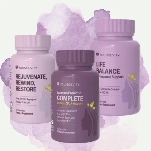 Three bottles of Youngevity health supplements against a purple watercolor background, including Rejuvenate, Women's Probiotic Complete, and Life Balance menopause support.