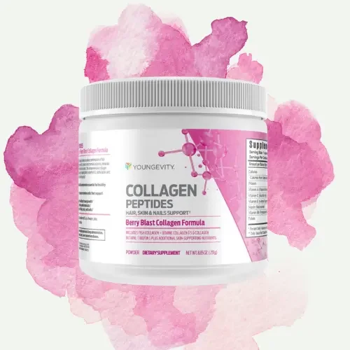 Container of Youngevity Collagen Peptides supplement with pink watercolor background.