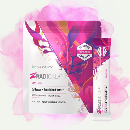 Box of Youngevity ZRADICAL+ collagen supplement powder with berry flavor, alongside a stick packet, featuring vibrant purple and pink graphics and text indicating it includes types 1 and 3 collagen, collagen peptides, and fucoidan extract.