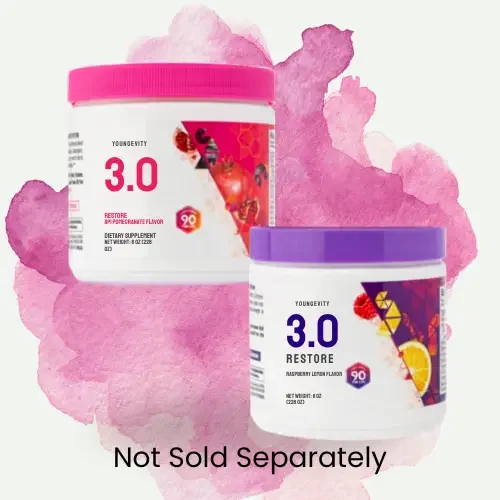 Two containers of Younggevity 3.0 Restore dietary supplement, one with a pink lid and the other with a purple lid, against a pink watercolor background, with a note saying "Not sold separately."