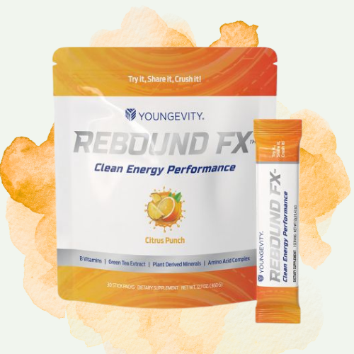 Youngevity Rebound FX Citrus Punch dietary supplement packaging with a single stick packet and a background of orange and peach watercolor splotches.