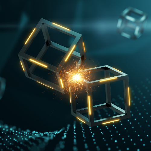 Two illuminated, metallic cubic frames connecting with a spark in a digital, futuristic environment.