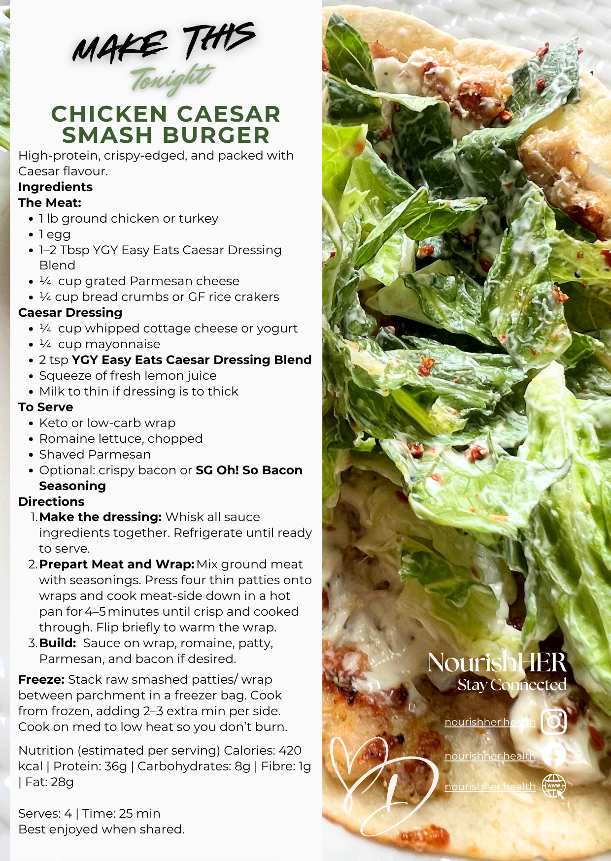 Recipe notice on a food packaging for a chicken Caesar smash burger with fresh greens and crispy toppings, accompanied by ingredients, directions, and nutrition info.