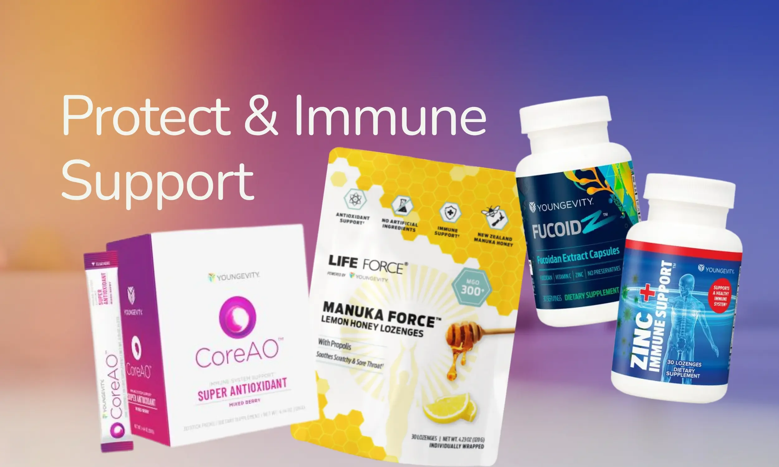 A variety of immune support supplements, including bottles and boxes for products like CoreAO, Manuka Force lemon honey lozenges, Fucoid Z capsules, and Zinc Immunimmune, displayed against a colorful background with the text 'Protect & Immune Support'.